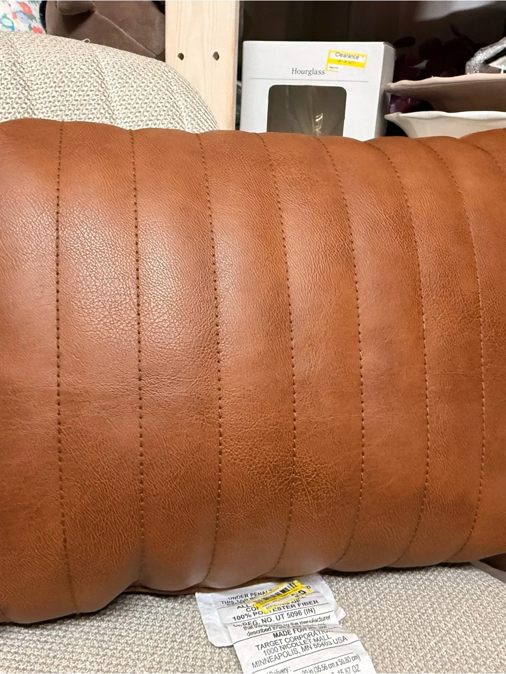 Oblong Faux Leather Channel Stitch Decorative Throw Pillow Cognac - Threshold™
